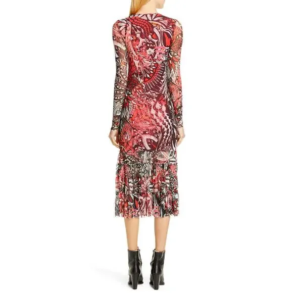 FUZZI Mystical Print Long Sleeve Midi Dress Ruby Red V-Neck Mesh Y2K 90s Sz